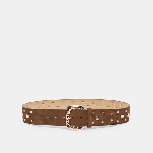 Rectangle Buckle Brown Suede Gold Studded Belt | Dolce Vita