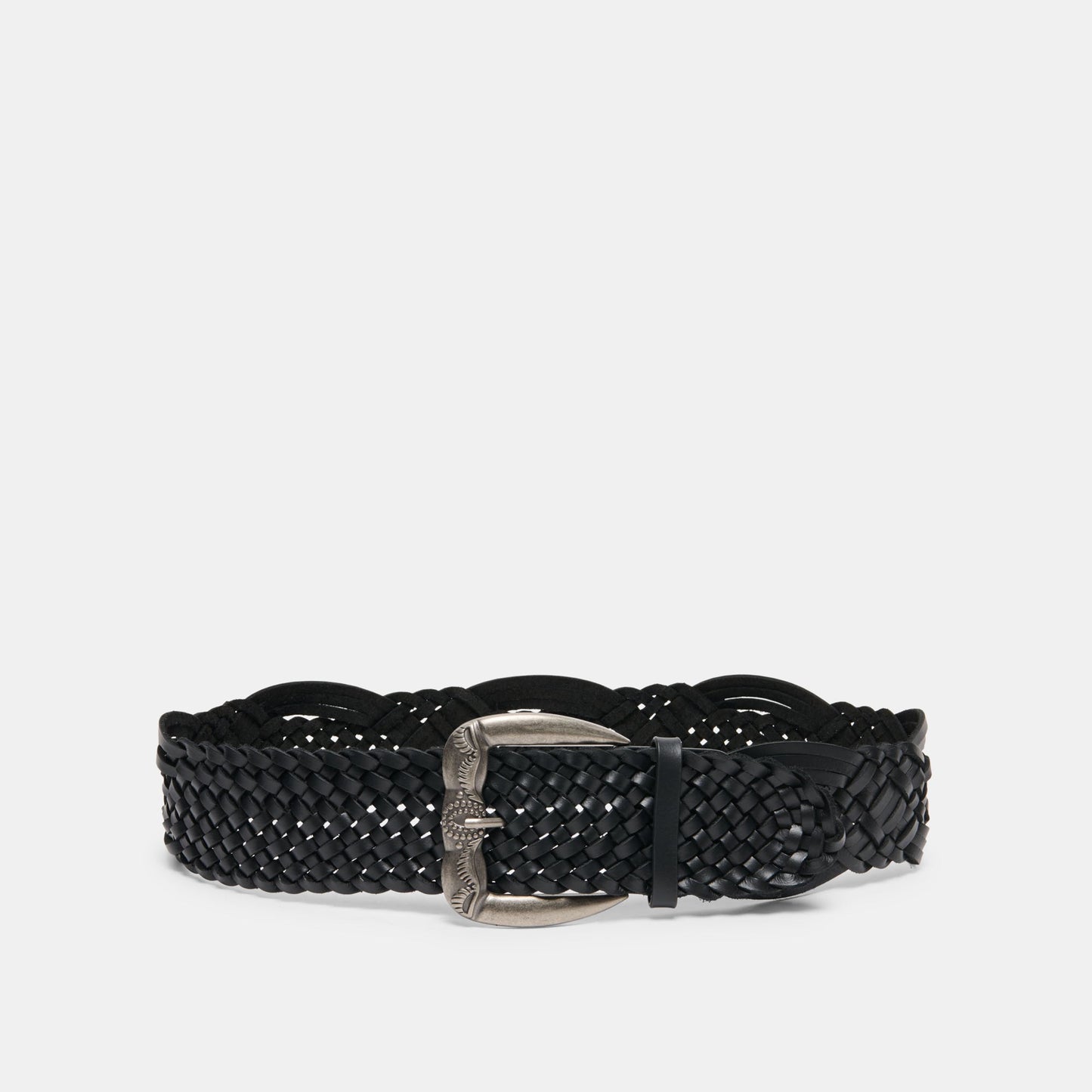 Western Black Woven Leather Belt with Silver Buckle | Dolce Vita