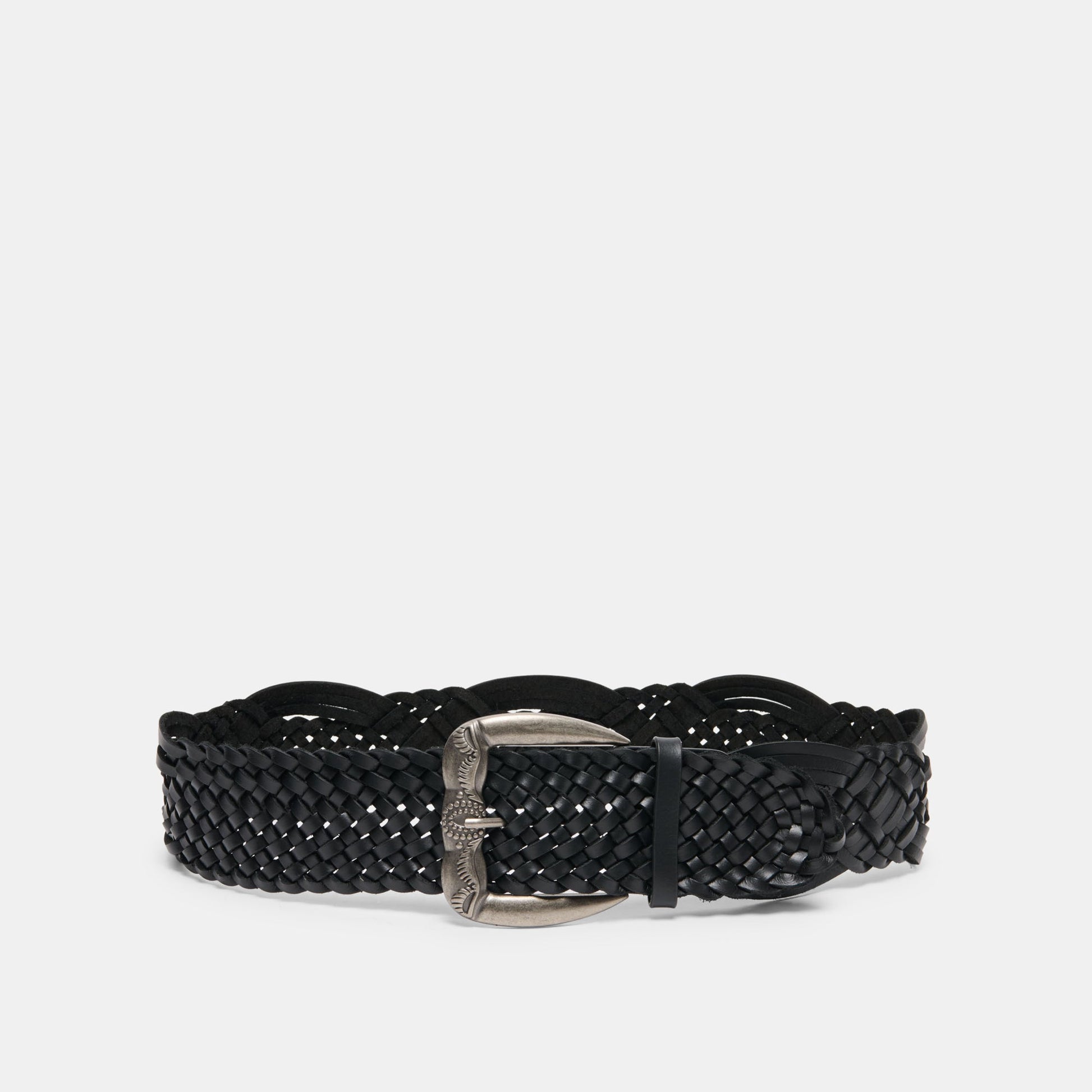 Western Black Woven Leather Belt with Silver Buckle | Dolce Vita