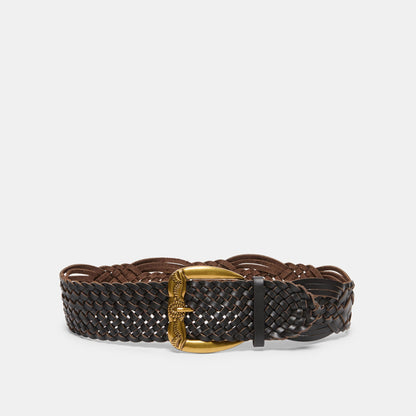 Western Espresso Woven Leather Belt with Silver Buckle | Dolce Vita