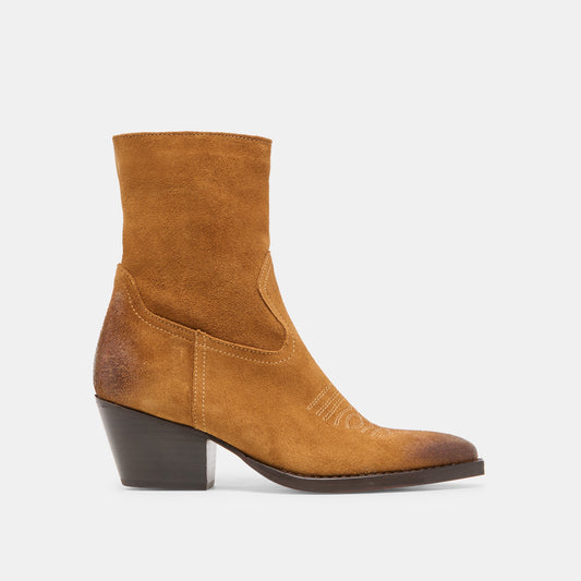 KLYDE Cognac Suede Block Heel Ankle Boots | Dolce Vita