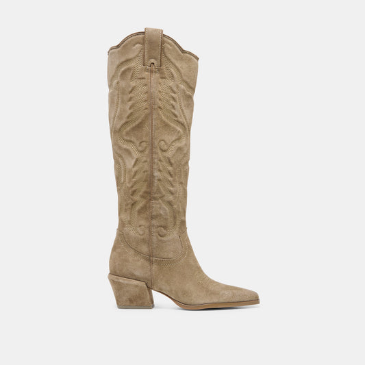 LUNI Taupe Suede Knee-High Pointed Toe Western Boots | Dolce Vita