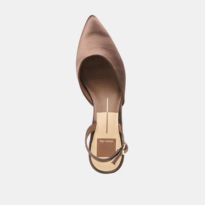 CAREL HEELS DK BROWN SATIN