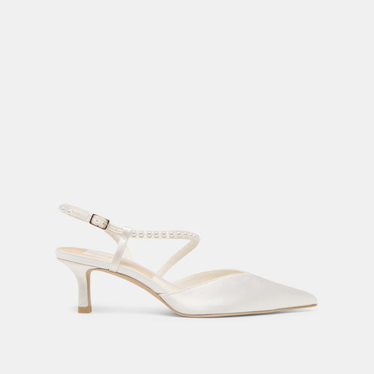 Kamra Pearl True White Satin Mid Heels | Dolce Vita