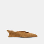 CAMY Cognac Suede Closed-Toe Slip-On Wedge Mules | Dolce Vita