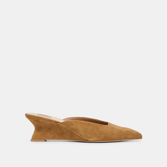 CAMY Cognac Suede Closed-Toe Slip-On Wedge Mules | Dolce Vita