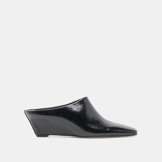 HILAH Midnight Crinkle Patent Closed-Toe Slip-On Wedge Mules | Dolce Vita