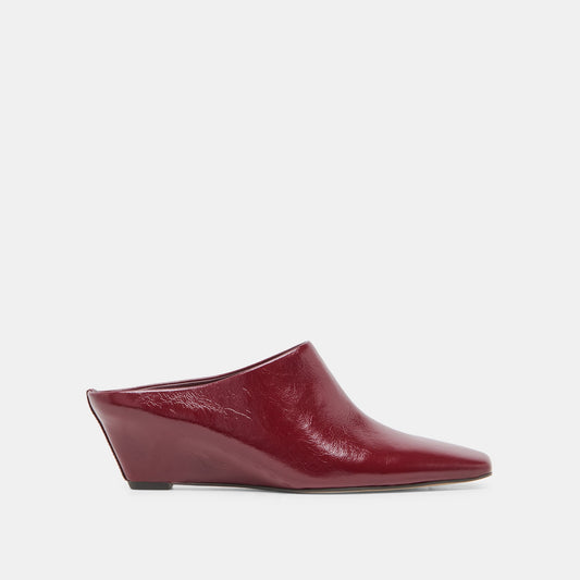 HILAH Oxblood Crinkle Patent Closed-Toe Slip-On Wedge Mules | Dolce Vita