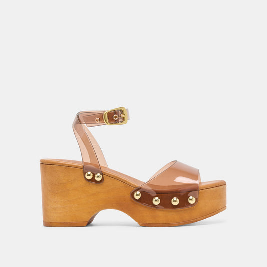 YASMON Whiskey Vinyl Jelly Open-Toe Wood Sole Wedges | Dolce Vita