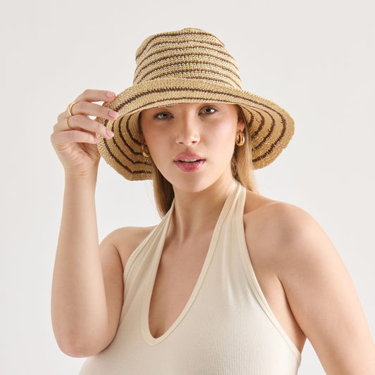 STRIPED STRAW CLOCHE BROWN NATURAL